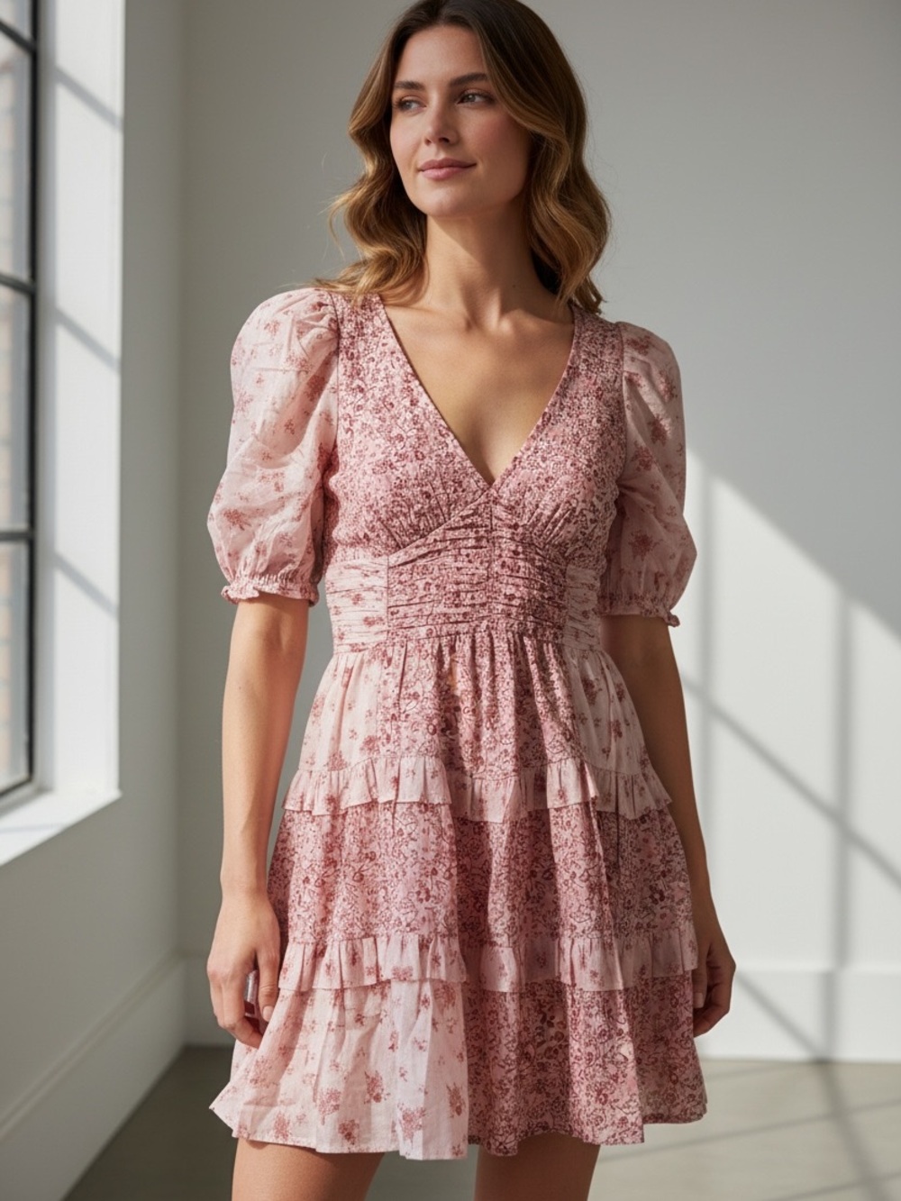 American Eagle Outfitters Pink Floral V-Neck Tiered Dress